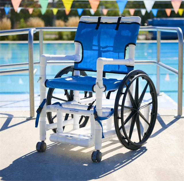 PVC Pool Access Chair with 3 sizes, use in pools, showers and locker rooms. |PVC Pool Access Chair working with zero entry pools or pools with ramps|PVC Pool Access Chair has adjustable height armrests||Optional Seat Belt with a velcro close