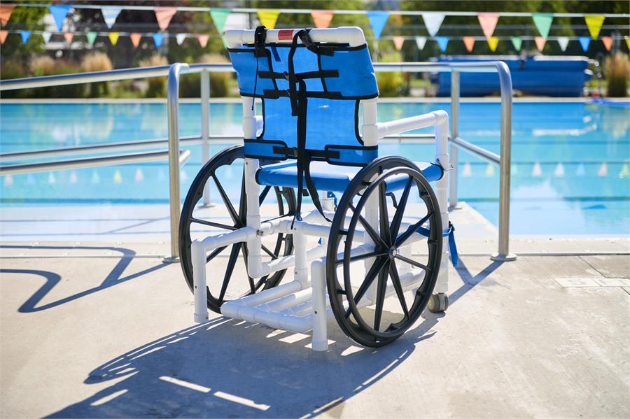 PVC Pool Access Chair with 3 sizes, use in pools, showers and locker rooms. |PVC Pool Access Chair working with zero entry pools or pools with ramps|PVC Pool Access Chair has adjustable height armrests||Optional Seat Belt with a velcro close