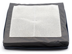 Protekt Alternating Pressure Seat Relief Cushion by Proactive Medical|Alternating air pressure cushion pictured on chair|Pump on Wheelchair Back|Cushion and Pump|Pump Functions|Non-slip bottom allows cushion to stay in place on wheelchair seats|4 Alternating air bladders provide continuous air pressure|Visco Polymer Memory Foam top layer is comfortable and reduces pressure|Foam is soft and contours each individual user|Package Contents|Plug