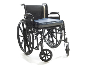 Protekt Alternating Pressure Seat Relief Cushion by Proactive Medical|Alternating air pressure cushion pictured on chair|Pump on Wheelchair Back|Cushion and Pump|Pump Functions|Non-slip bottom allows cushion to stay in place on wheelchair seats|4 Alternating air bladders provide continuous air pressure|Visco Polymer Memory Foam top layer is comfortable and reduces pressure|Foam is soft and contours each individual user|Package Contents|Plug