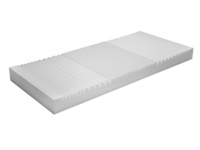 Protekt 100 Pressure Redistribution Mattress without raised perimeter|Close up of Channel Cut High Density Polyurethane Foam|Protekt 100 Pressure Redistribution Mattress with Nylon top cover|Protekt 100 Pressure Redistribution Mattress with 3" raised perimeter