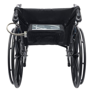 Protekt Alternating Pressure Seat Relief Cushion by Proactive Medical|Alternating air pressure cushion pictured on chair|Pump on Wheelchair Back|Cushion and Pump|Pump Functions|Non-slip bottom allows cushion to stay in place on wheelchair seats|4 Alternating air bladders provide continuous air pressure|Visco Polymer Memory Foam top layer is comfortable and reduces pressure|Foam is soft and contours each individual user|Package Contents|Plug