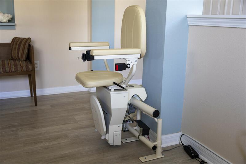 Helix Stair lift is custom made |Stair lift is custom fit to your unique staircase|Plush seat with flip up arms and wide, non-slip footrest|Great for spiral, 90 degree, or 180 degree staircases|Add accessibility to several flights of stairs with the Helix|Several finishes are available for the smooth glide rail|Seat easily folds to create more space on stairways|Curved stair lift can be used indoor or outdoor|Seat folds tight and compact|