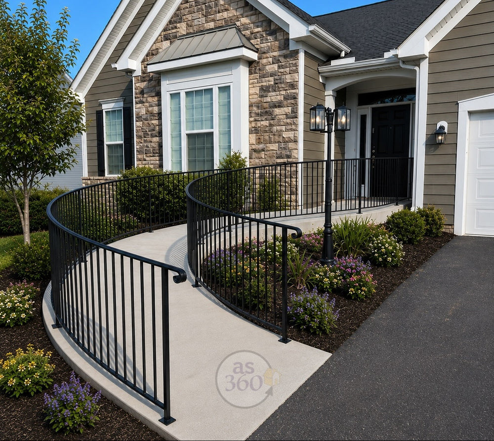 A curved black metal residential fence installed along a concrete driveway ramp in front of a modern house with stone and siding exterior, landscaped gardens, and a blue sky background.