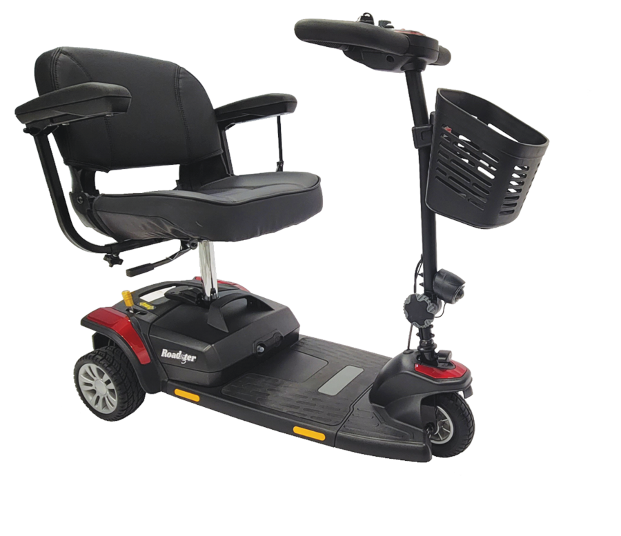 Roaster 3-Wheel From Merits Side View|||Roadster Dissembled|Optional Cane Holder|Optional Foldable Rear Basket|Optional Walker Holder|Optional Canopy without foldable basket|Optional Scooter Cover