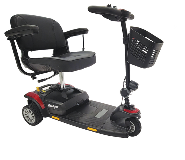 Roaster 3-Wheel From Merits Side View|||Roadster Dissembled|Optional Cane Holder|Optional Foldable Rear Basket|Optional Walker Holder|Optional Canopy without foldable basket|Optional Scooter Cover