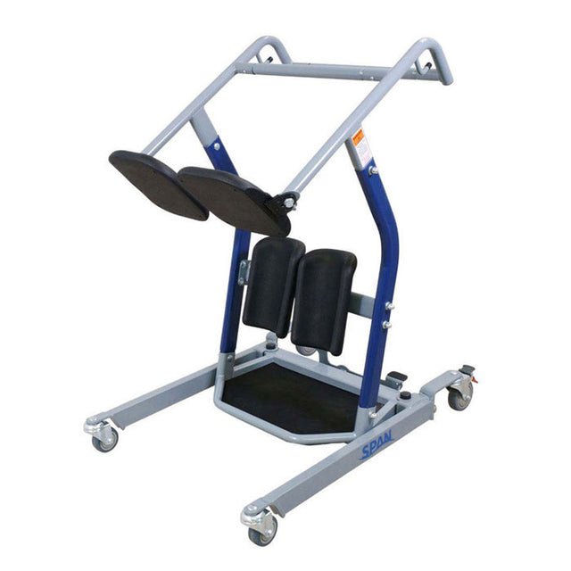 Span America F450T Standing Transfer Aid|Swing away padded seat for ease of transfer|Non-slip footplate keeps patients firmly in place while transferring|Shin pads are contoured and comfortable for each user|Optional Floor Lift Support Strap