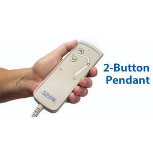 Span America F500S Powered Sit-To-Stand Patient Lift|Contoured knee pad for Span America F500S Powered Sit-To-Stand Patient Lift|Easy to read battery LCD display|2-Button hand held Pendant is easy to use|Low underbed clearance is great for short beds|Optional Sit to Stand Sling