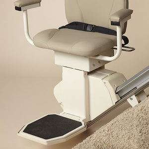 Harmar Heavy Duty Pinnacle Premium Stair Lift rotated 85 degrees|Large footrest folds up to make room on stairway|Every Pinnacle comes with two remotes|Heavy Duty lift with plush seat, straight rail and retractable belt|How to measure for your new stair lift. Please consult a home mod expert.