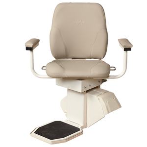 Harmar Heavy Duty Pinnacle Premium Stair Lift rotated 85 degrees|Large footrest folds up to make room on stairway|Every Pinnacle comes with two remotes|Heavy Duty lift with plush seat, straight rail and retractable belt|How to measure for your new stair lift. Please consult a home mod expert.