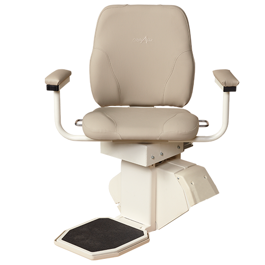 Harmar Heavy Duty Pinnacle Premium Stair Lift rotated 85 degrees|Large footrest folds up to make room on stairway|Every Pinnacle comes with two remotes|Heavy Duty lift with plush seat, straight rail and retractable belt|How to measure for your new stair lift. Please consult a home mod expert.