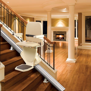 Harmar Heavy Duty Pinnacle Premium Stair Lift rotated 85 degrees|Large footrest folds up to make room on stairway|Every Pinnacle comes with two remotes|Heavy Duty lift with plush seat, straight rail and retractable belt|How to measure for your new stair lift. Please consult a home mod expert.