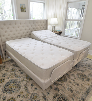 Flex-a-Bed Premier Full Adjustable Bed|Flex-a-Bed Premier Full Adjustable Bed - Easily Attaches to Existing Headbo|Flex-a-Bed Premier Full Adjustable Bed|Visco Core, Memory Foam Mattress|Low Profile 4" high density foam mattress, lowers bed 6"|Deluxe Innerspring Mattress available in Soft, Medium and Firm|Latex core laminated to a polyurethane foam mattress|Innerspring Combo -Visco Memory Foam and Coil Combo Mattress|Plush, quilted cover has tapered edges and a non-slip bottom