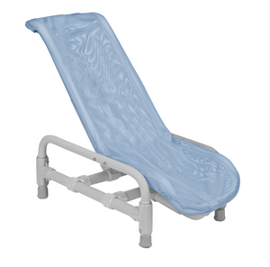Inspired By Drive Contour Supreme Bath Chair with both positioning belts|Inspired By Drive Contour Supreme Bath Chair Lying flat - Lavender|Contour Supreme in Beach Bubble Blue Upright|Side view of Contour Supreme in Beach Bubble Blue|Optional Lateral supports come in blue or lavender|Optional head support is easy to remove and available in blue and lavender|Optional base is available in 11" or 15"|Optional rolling base is available with anti-tippers