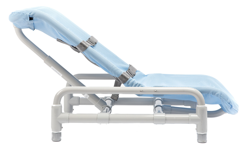 Inspired By Drive Contour Supreme Bath Chair with both positioning belts|Inspired By Drive Contour Supreme Bath Chair Lying flat - Lavender|Contour Supreme in Beach Bubble Blue Upright|Side view of Contour Supreme in Beach Bubble Blue|Optional Lateral supports come in blue or lavender|Optional head support is easy to remove and available in blue and lavender|Optional base is available in 11" or 15"|Optional rolling base is available with anti-tippers