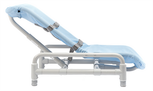 Inspired By Drive Contour Supreme Bath Chair with both positioning belts|Inspired By Drive Contour Supreme Bath Chair Lying flat - Lavender|Contour Supreme in Beach Bubble Blue Upright|Side view of Contour Supreme in Beach Bubble Blue|Optional Lateral supports come in blue or lavender|Optional head support is easy to remove and available in blue and lavender|Optional base is available in 11" or 15"|Optional rolling base is available with anti-tippers