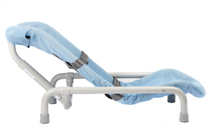 Side view of the Blue Contour Deluxe Bath Chair when reclined
