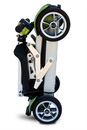 Gypsy Folding Scooter by EV Rider in Gypsy Red|Gypsy Red Gypsy scooter folded flat|Ocean Blue Gypsy scooter standing upright for ease of storage in a closet|Handle can be folded down on Gypsy scooter while stood upright|Gypsy scooter in Pearl Green|Gypsy scooter in Ocean Blue|Gypsy scooter in Pearl Green folded flat with handle flat down|Optional Electric Horn with 3 sounds|Optional deluxe cup holder|Optional  deluxe Tiller bag|Optional Tiller and Seat Cover set ( 2pc)