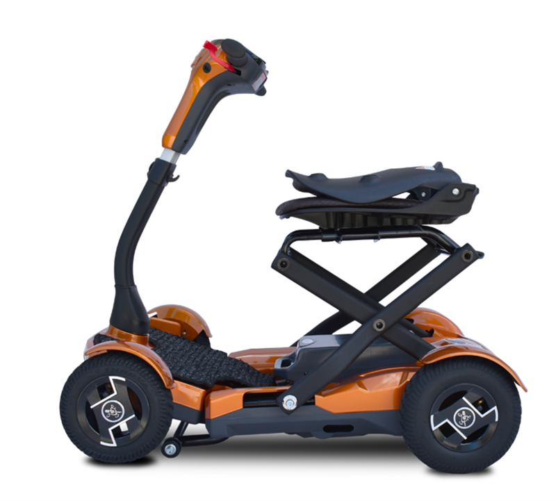 TeQno Folding Scooter by EV Rider in Gold Metallic|TeQno Folding Scooter by EV Rider in Metallic Red|Back view of the TeQno with reflective stickers to protect users at night|The TeQno folds to a compact size|If you do not fold the scooter, the seat folds for more compact storage|Scooter can be stored upright for more room in closets or trunks|Optional Electric Horn with 3 sounds|Optional deluxe cup holder