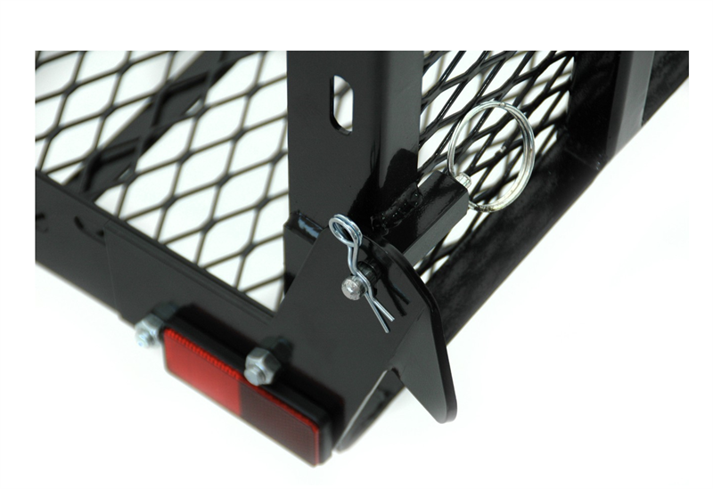 Hitch pin keeps carrier in place when base is flipped up for security