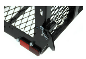 Hitch pin keeps carrier in place when base is flipped up for security