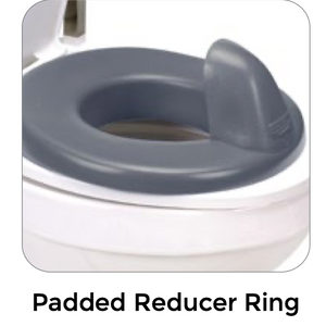 Inspired by Drive Contour Series Toilet Support in Hi-Back option|Toilet support with armrests and footrests package (Lo-Back option)|Inspired by Drive Contour Series Toilet Support in Lo-Back option|Plastic reducer ring option (comes standard with Small and Medium Reduced)|Optional Soft-Flex Splashguard|Small and Medium (Reduced Depth option) come with U-Shaped base|Padded reducer ring is available in x-small and small