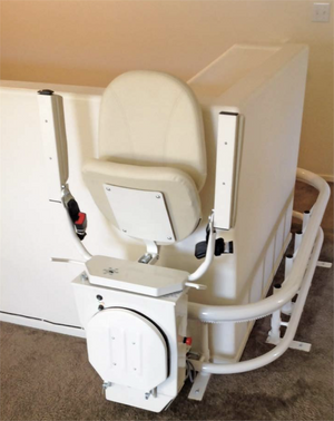 Helix Stair lift is custom made |Stair lift is custom fit to your unique staircase|Plush seat with flip up arms and wide, non-slip footrest|Great for spiral, 90 degree, or 180 degree staircases|Add accessibility to several flights of stairs with the Helix|Several finishes are available for the smooth glide rail|Seat easily folds to create more space on stairways|Curved stair lift can be used indoor or outdoor|Seat folds tight and compact|