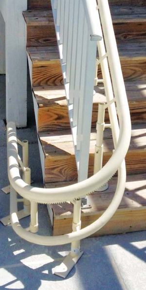 Helix Stair lift is custom made |Stair lift is custom fit to your unique staircase|Plush seat with flip up arms and wide, non-slip footrest|Great for spiral, 90 degree, or 180 degree staircases|Add accessibility to several flights of stairs with the Helix|Several finishes are available for the smooth glide rail|Seat easily folds to create more space on stairways|Curved stair lift can be used indoor or outdoor|Seat folds tight and compact|