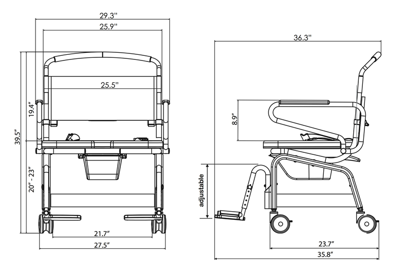ShowerBuddy Roll-In XXL 26 Bariatric Shower Chair|Front View|Back View|Side View|ShowerBuddy Roll-In XXL 26 Bariatric Shower Chair|Measurements