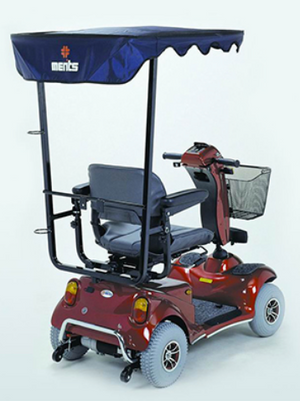 Roaster 3-Wheel From Merits Side View|||Roadster Dissembled|Optional Cane Holder|Optional Foldable Rear Basket|Optional Walker Holder|Optional Canopy without foldable basket|Optional Scooter Cover