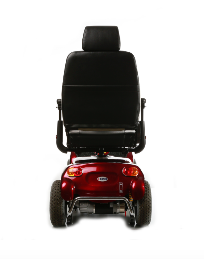 Merits Pioneer 10 4-Wheel Scooter in Red|Merits Pioneer 10 4-Wheel Scooter in Red|Merits Pioneer 10 4-Wheel Scooter in Red|Back of Merits Pioneer 10 4-Wheel Scooter in Red|Optional Weather Cover|Optional Canopy without foldable basket|Optional Oxygen Tank Holder|Optional Walker Holder|Optional Cane Holder|Optional Foldable Rear Basket|Optional Foldable Rear Basket
