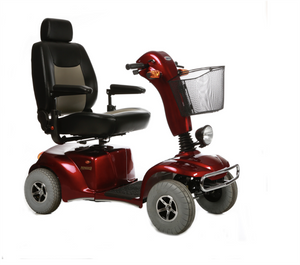 Merits Pioneer 10 4-Wheel Scooter in Red|Merits Pioneer 10 4-Wheel Scooter in Red|Merits Pioneer 10 4-Wheel Scooter in Red|Back of Merits Pioneer 10 4-Wheel Scooter in Red|Optional Weather Cover|Optional Canopy without foldable basket|Optional Oxygen Tank Holder|Optional Walker Holder|Optional Cane Holder|Optional Foldable Rear Basket|Optional Foldable Rear Basket