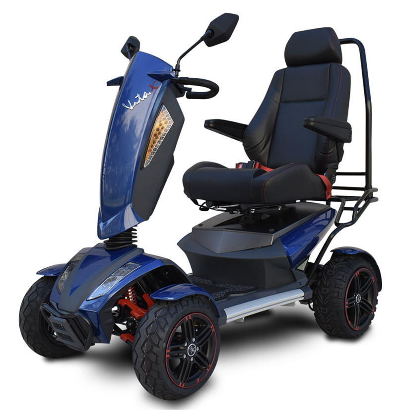 EV Rider Vita Monster Scooter |EV Rider Vita Monster Scooter|EV Rider Vita Monster Scooter adjustable tiller|Vita  Monster all-terrain scooter with comfortable captains' chair supports up to 350 lbs.|Vita Monster with double a-arm front suspension|Blue Sapphire  Vita Monster|EV Rider Vita Monster Scooter|Blue Sapphire  Vita Monster|Optional Electric Horn with 3 sounds|Optional deluxe cup holder|Optional Safety Flag|EV Rider Vita Monster Scooter