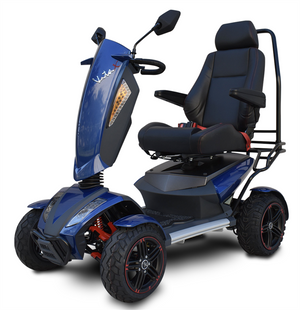 EV Rider Vita Monster Scooter |EV Rider Vita Monster Scooter|EV Rider Vita Monster Scooter adjustable tiller|Vita  Monster all-terrain scooter with comfortable captains' chair supports up to 350 lbs.|Vita Monster with double a-arm front suspension|Blue Sapphire  Vita Monster|EV Rider Vita Monster Scooter|Blue Sapphire  Vita Monster|Optional Electric Horn with 3 sounds|Optional deluxe cup holder|Optional Safety Flag|EV Rider Vita Monster Scooter