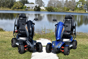 EV Rider Vita Monster Scooter |EV Rider Vita Monster Scooter|EV Rider Vita Monster Scooter adjustable tiller|Vita  Monster all-terrain scooter with comfortable captains' chair supports up to 350 lbs.|Vita Monster with double a-arm front suspension|Blue Sapphire  Vita Monster|EV Rider Vita Monster Scooter|Blue Sapphire  Vita Monster|Optional Electric Horn with 3 sounds|Optional deluxe cup holder|Optional Safety Flag|EV Rider Vita Monster Scooter