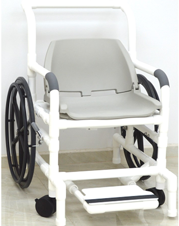 MJM Self-Propelled Pool Access Rehab Shower Chair|The standard sliding footrest.|Optional Lap Security Bar is best for added stability during transfers|The adjustable lap belt that comes standard with the shower chair.|Upgrade your front casters to the 3" Total Lock Caster