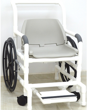 MJM Self-Propelled Pool Access Rehab Shower Chair|The standard sliding footrest.|Optional Lap Security Bar is best for added stability during transfers|The adjustable lap belt that comes standard with the shower chair.|Upgrade your front casters to the 3" Total Lock Caster