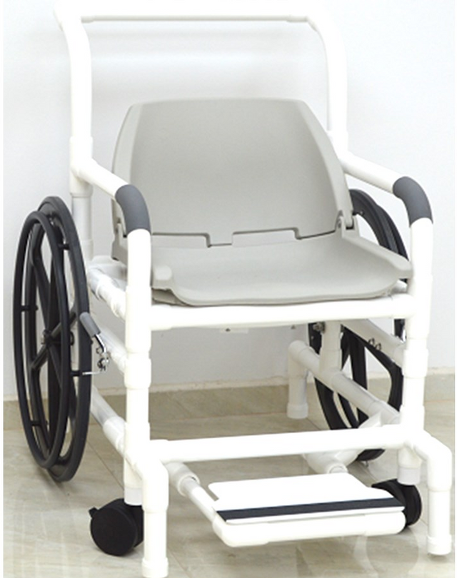 MJM Self-Propelled Pool Access Rehab Shower Chair|The standard sliding footrest.|Optional Lap Security Bar is best for added stability during transfers|The adjustable lap belt that comes standard with the shower chair.|Upgrade your front casters to the 3" Total Lock Caster