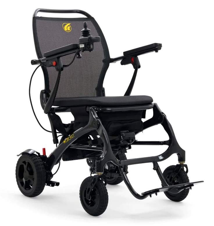 Golden Cricket Power Wheelchair by Golden Technologies|Convenient under seat storage bag for the Golden Cricket Power Wheelchair|Convenient USB Charging Port|Compact Joystick|Easy One Step Folding for Transport|Right Side of Golden Cricket Power Wheelchair|Front View of the Golden Cricket by Golden Technologies|Side View of the Golden Cricket Power Wheelchair by Golden Technologies|Left Side of the Golden Cricket by Golden Technologies