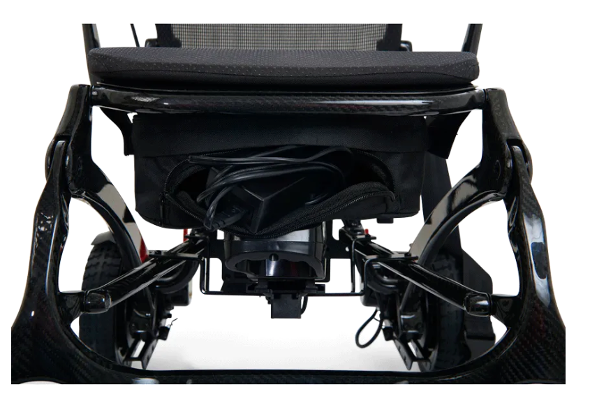 Golden Cricket Power Wheelchair by Golden Technologies|Convenient under seat storage bag for the Golden Cricket Power Wheelchair|Convenient USB Charging Port|Compact Joystick|Easy One Step Folding for Transport|Right Side of Golden Cricket Power Wheelchair|Front View of the Golden Cricket by Golden Technologies|Side View of the Golden Cricket Power Wheelchair by Golden Technologies|Left Side of the Golden Cricket by Golden Technologies