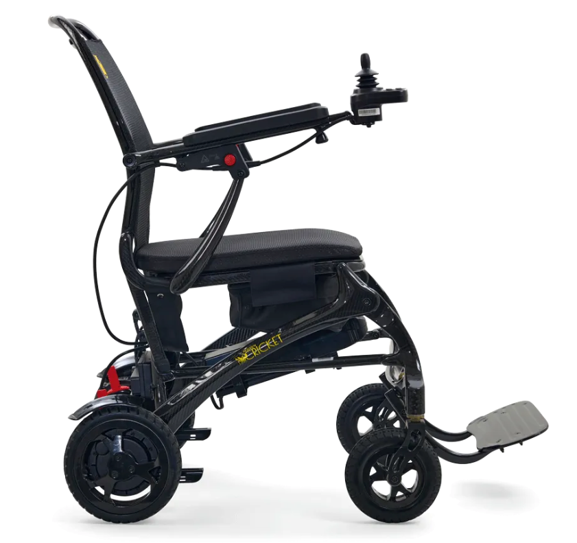 Golden Cricket Power Wheelchair by Golden Technologies|Convenient under seat storage bag for the Golden Cricket Power Wheelchair|Convenient USB Charging Port|Compact Joystick|Easy One Step Folding for Transport|Right Side of Golden Cricket Power Wheelchair|Front View of the Golden Cricket by Golden Technologies|Side View of the Golden Cricket Power Wheelchair by Golden Technologies|Left Side of the Golden Cricket by Golden Technologies
