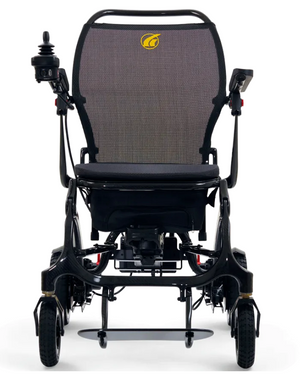 Golden Cricket Power Wheelchair by Golden Technologies|Convenient under seat storage bag for the Golden Cricket Power Wheelchair|Convenient USB Charging Port|Compact Joystick|Easy One Step Folding for Transport|Right Side of Golden Cricket Power Wheelchair|Front View of the Golden Cricket by Golden Technologies|Side View of the Golden Cricket Power Wheelchair by Golden Technologies|Left Side of the Golden Cricket by Golden Technologies