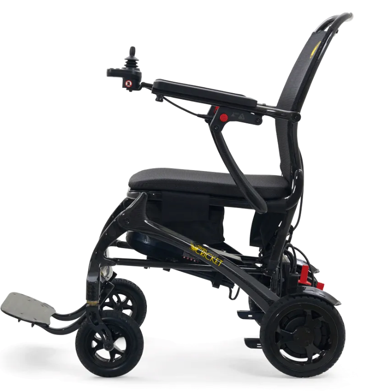 Golden Cricket Power Wheelchair by Golden Technologies|Convenient under seat storage bag for the Golden Cricket Power Wheelchair|Convenient USB Charging Port|Compact Joystick|Easy One Step Folding for Transport|Right Side of Golden Cricket Power Wheelchair|Front View of the Golden Cricket by Golden Technologies|Side View of the Golden Cricket Power Wheelchair by Golden Technologies|Left Side of the Golden Cricket by Golden Technologies