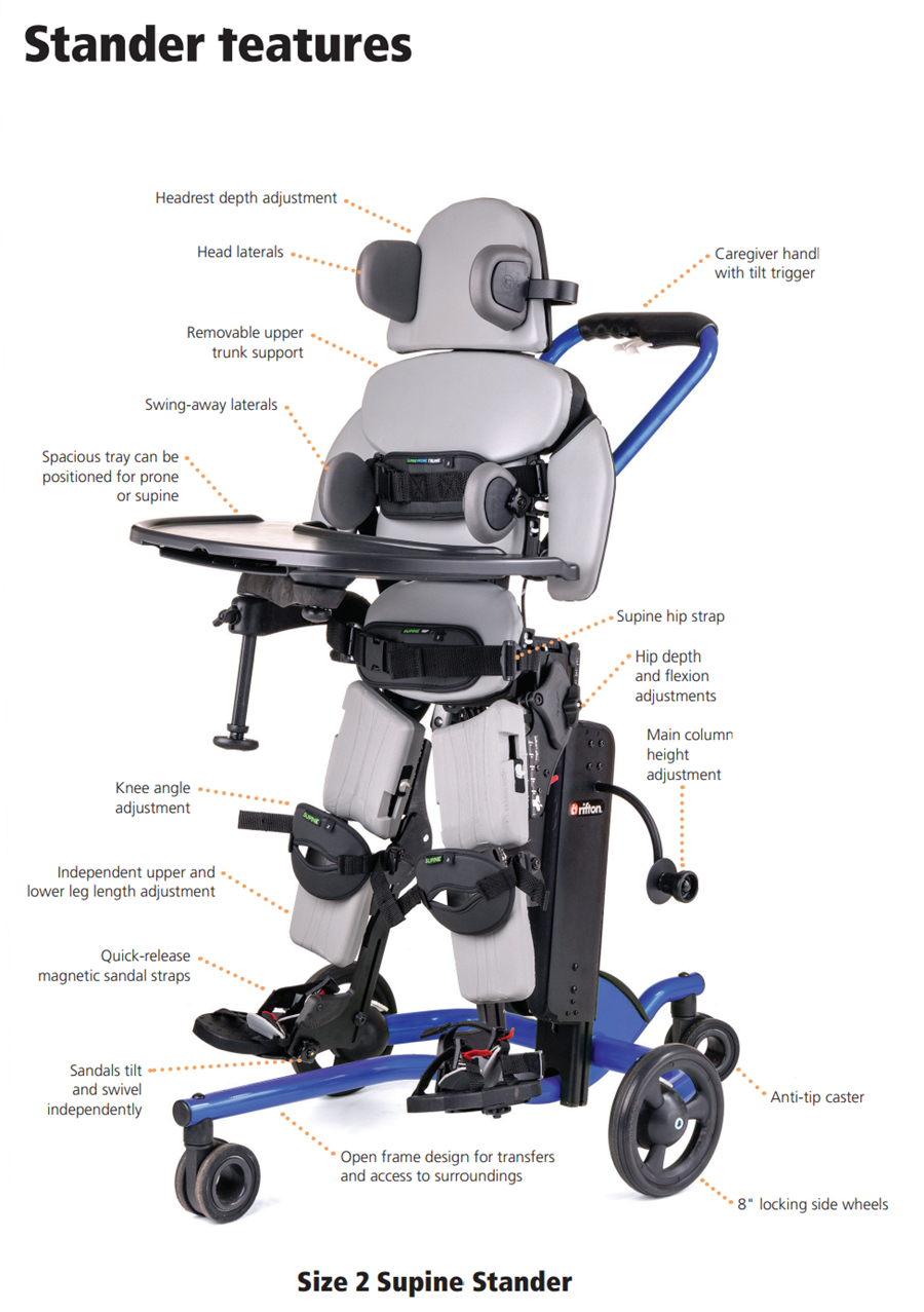 Features and options for Size 2 Supine Stander
