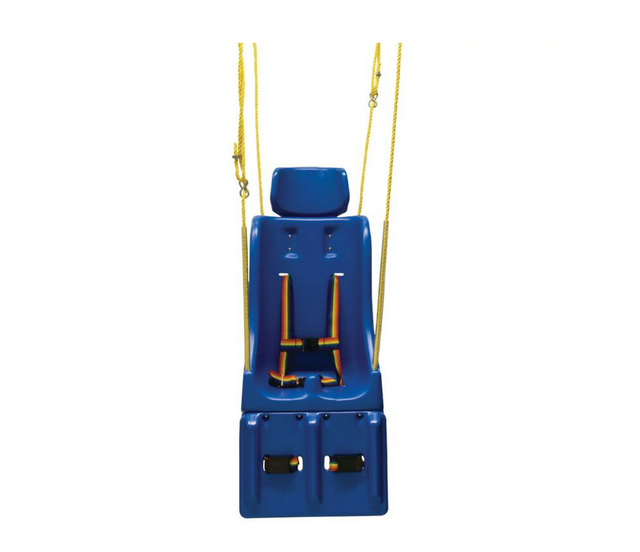 |Skillbuilders Full Support Swing Seat with Chain shown with rope and chain|Close up on head rest that comes with full support package|Close up on leg supports that come with full support package|Optional seat cover keeps seat clean and easy to maintain|Optional tie-down retention straps are durable and light