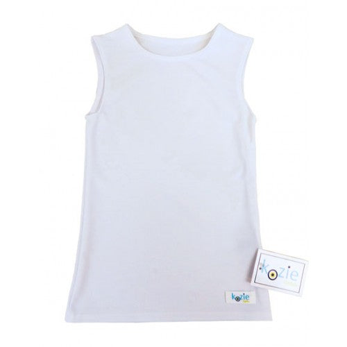 Kozie Clothes Simply Sleeveless Sensory Compression Shirt|Simply Sleeveless Sensory Compression Shirt in Navy|Simply Sleeveless Sensory Compression Shirt in White|Simply Sleeveless Sensory Compression Shirt in Black|Simply Sleeveless Sensory Compression Shirt in Steel Gray|Simply Sleeveless Sensory Compression Shirt in Blush Pink|Little girl wearing Black Simply Sleeveless Sensory Compression Shirt|Kozie Clothes Compression Shirt Size Chart