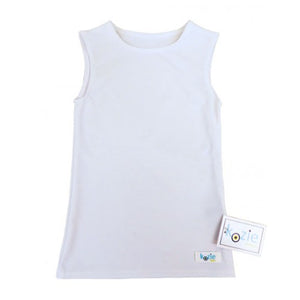 Kozie Clothes Simply Sleeveless Sensory Compression Shirt|Simply Sleeveless Sensory Compression Shirt in Navy|Simply Sleeveless Sensory Compression Shirt in White|Simply Sleeveless Sensory Compression Shirt in Black|Simply Sleeveless Sensory Compression Shirt in Steel Gray|Simply Sleeveless Sensory Compression Shirt in Blush Pink|Little girl wearing Black Simply Sleeveless Sensory Compression Shirt|Kozie Clothes Compression Shirt Size Chart