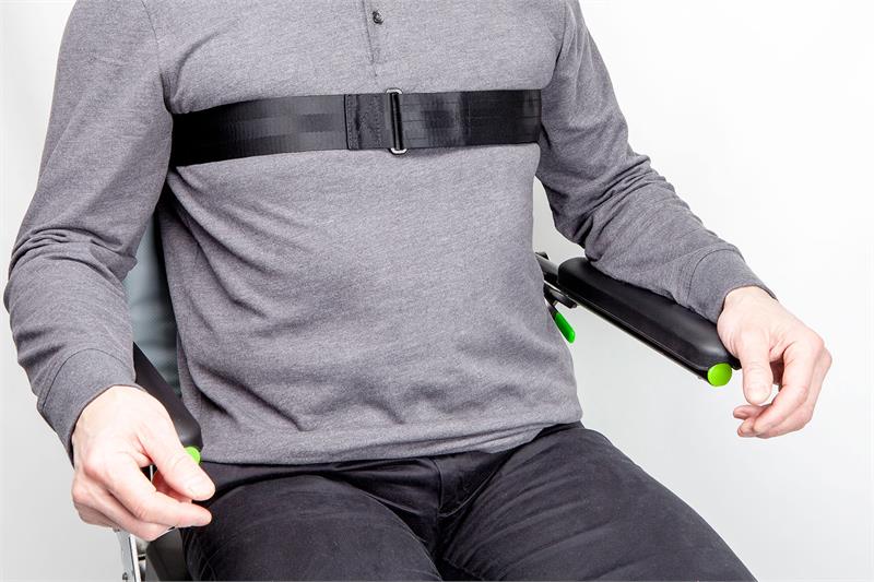 Optional chest strap fastens with Velcro and should be used w/ pelvic belt