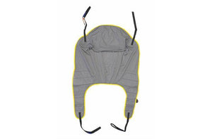 Joerns Hoyer Full Back Polyester Sling with user|Joerns Hoyer Full Back Polyester Sling|Joerns Hoyer Full Back Mesh Sling with closeup of fabric