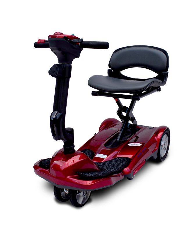 Transport M Easy Move Folding Scooter in purple|Transport M Easy Move Folding Scooter in blue by EV Rider|Transport M Easy Move Folding Scooter in copper|Transport M Easy Move Folding Scooter in red|8 inch solid, flat free tires and dual|Rear anti-tipper caster|Optional Electric Horn with 3 sounds|Optional deluxe cup holder|OPtional Deluxe Tiller bag|Optional Tiller and Seat Cover set ( 2pc)